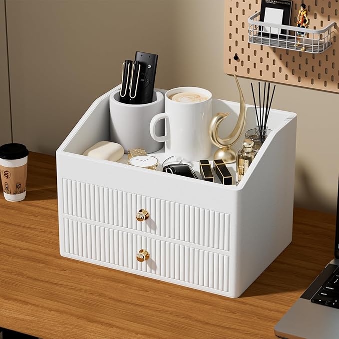 Desk Organizer,Beige White Vegan Leather Desk Accessories & Workspace Organizers with 2 Drawers & Tray,Key Holder with Gold-Tone Metal Accents knob，Jewelry Box,Nightstand