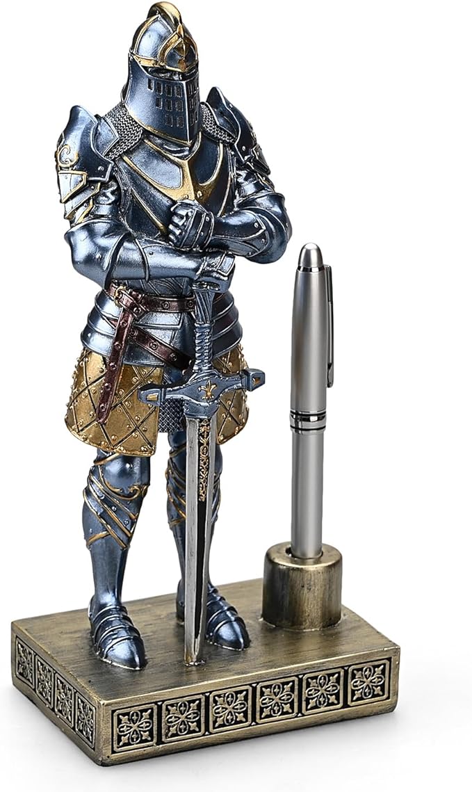 Knight Pen Stand Decoration Resin Pen Holder Art Craft Paperweight for Desktop Organizer Festival Gifts for Boyfriend Husband Dad Son(Blue)