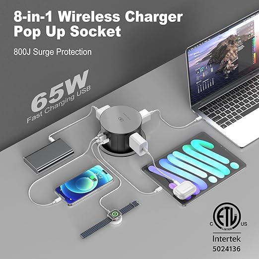 Pop Up Countertop Outlet with 15W Wireless Charger, PD 65W USB-C Ports & 4 AC Outlets, 800J Surge Protection, 4.75 inch Pop Up Electrical Outlet, 6Ft Cord for Home Office(ETL & FCC Listed)