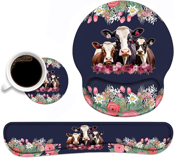 Keyboard Wrist Rest and Mouse Pad Wrist Support Set, Non-Slip PU Base Ergonomic Gaming Mousepad for Home Office Working Studying Easy Typing & Pain Relief - Floral Quote Funny Cows Combination