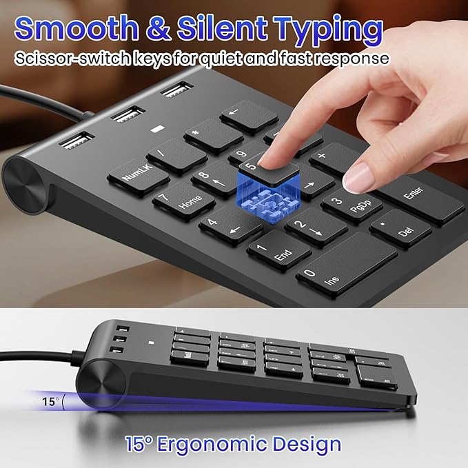 2-in-1 Number Pad & USB Hub with USB-C and USB-A Cables, 15° Ergonomic Wired Numpad with 3 USB 2.0 Ports , Number Keypad for Laptop/iPad/MacBook/PC/Windows/MacOS,No Adapter Needed USB Number Keypad