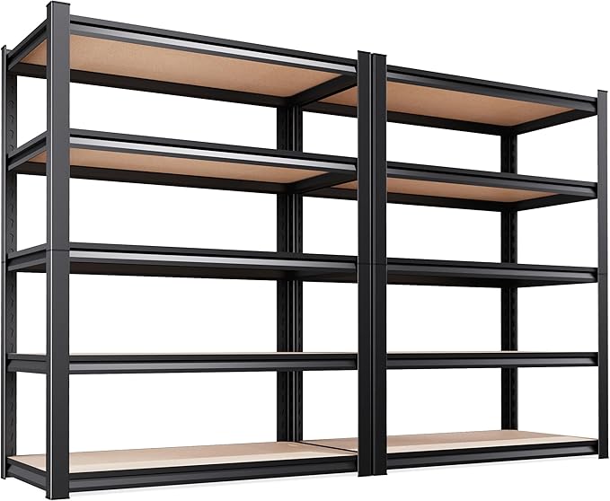 Set of 2 Heavy Duty Garage Shelving, 5-Tier Storage Shelves, 2000LBS Metal Shelf, Adjustable Shelving Unit, for Basement, Kitchen, Warehouse, Pantry, 15.7" Dx35.4 Wx71.2 H, Black