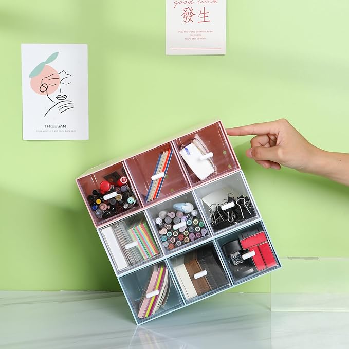 Desktop Drawers, Desk Organizer with 9 Drawers, Stackable Plastic Storage Box for Home Collection, Cosmetics, Office Supplies (3 Tall Layers, White)