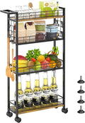 LASZOLA Slim Storage Cart with Wheels, 4 Tier Mobile Narrow Shelving Unit Organizer Utility Cart with Handle, Skinny Rolling Trolley for Small Space Kitchen Bathroom Laundry, Black and Rustic Brown