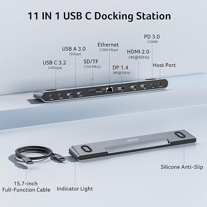 Acer Laptop Docking Station Stand, 11-in-1 USB C Docking Station 3 Monitors with DP 8K + Dual HDMI 4K@60Hz, Ethernet, 10Gbps Data, 100W PD, SD/TF, USB C Dock with Detachable Cable for Acer/Dell/Mac/HP