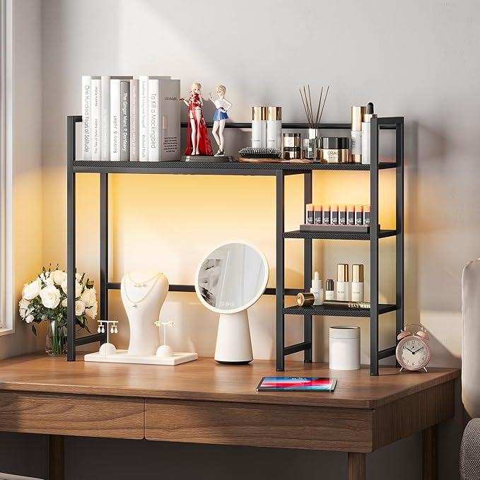 Snughome Desk Shelf with LED Strip, 38.6" Desktop Organizer Shelf, Desk Hutch for Computer Monitor, 4 Tier Desk Display Rack, Wood Desktop Bookshelf Storage Rack for Home Office Dorm