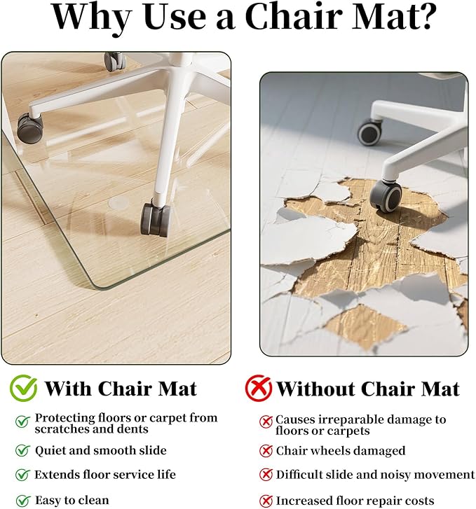 FlyEcho Glass Chair Mat 51" x 63" Heavy Duty Tempered Glass Office Chair Mat, Glass Floor Mat with Round Corner and Polished Edge for Smooth Glide, Carpet Hardwood Floor Protector