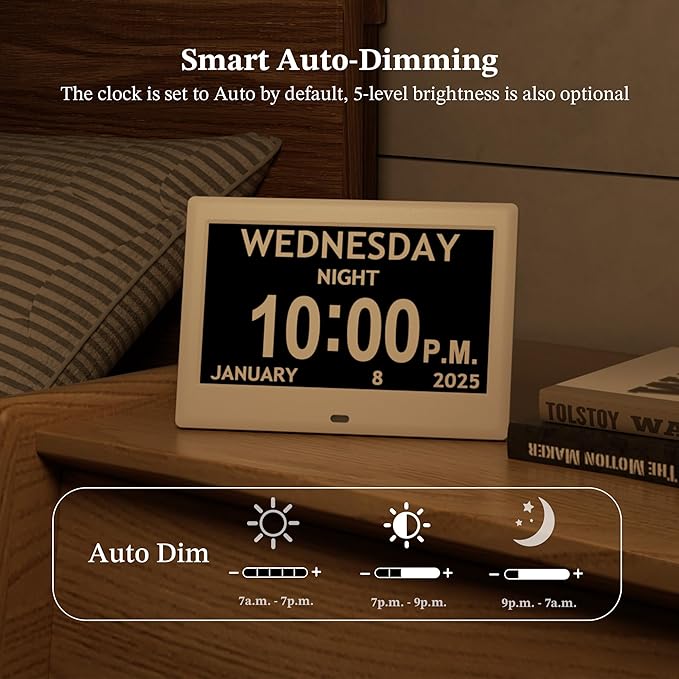 2025 NEW, Digital Clocks, 7'' Dementia Clock with Date and Time for Elderly, Auto-Dimming, 12 Reminders & 6 Alarms, Button & Remote Control, Auto DST, Digital Calendar for Seniors Large Display