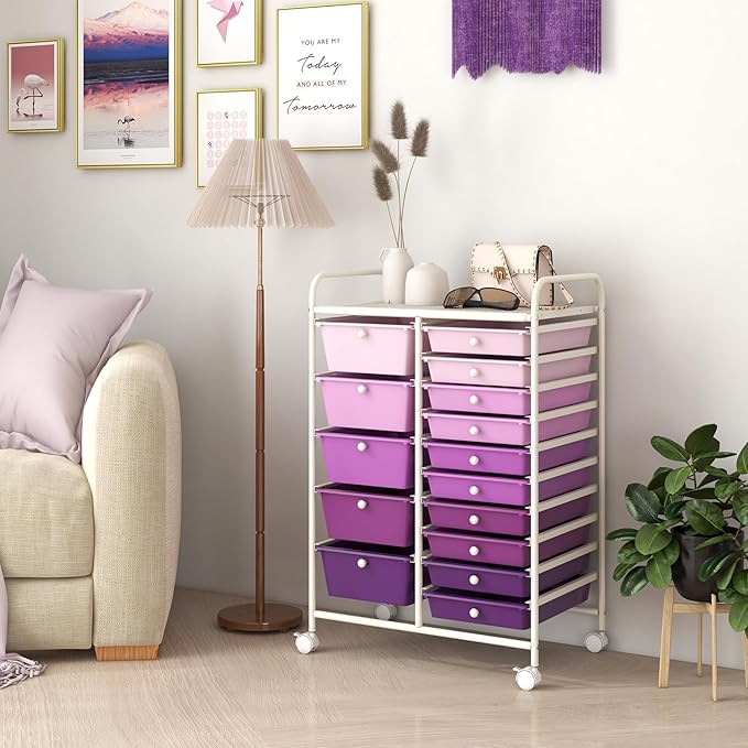ARLIME 15-Drawer Storage Cart, 15 Drawer Trolley, Rolling Organizer Cart, Scrapbook Paper Organizer, Suitable for Office and School, Rolling Office Storage Tools (Purple Gradient)