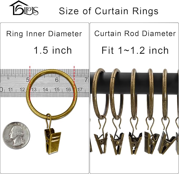 LLPJS 20 Pack Metal Curtain Rings with Clips, Curtain Clip Rings Hooks for Hanging Drapery Drapes Bows, Curtain Rod Rings 1.5 inch Interior Diameter, Bronze
