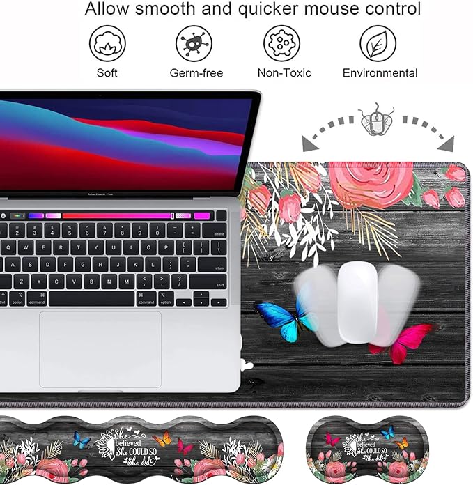 Ergonomic Keyboard Wrist Rest and Mouse Pad Wrist Rest Set, Large XXL Gaming Desk Mat 31.5"x 11.8",Non-Slip Base, Memory Foam,Easy Typing Pain Relief, Floral Quote She Believed She Could So She Did