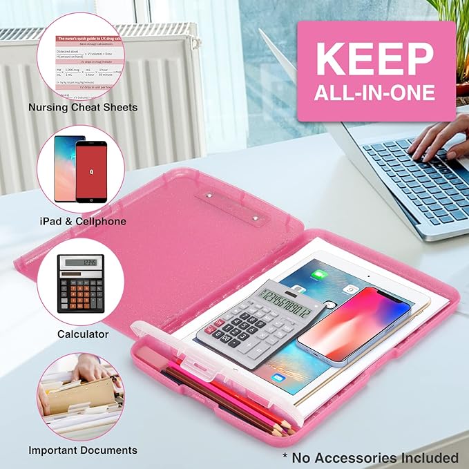 Sooez Glitter Clipboard with Storage, High Capacity Clip Boards 8.5x11 with Pen Holder, Cute Clipboards with Low Profile Clip, Sparkle Plastic Organizer Case Box for Women & Kids, Side Opening