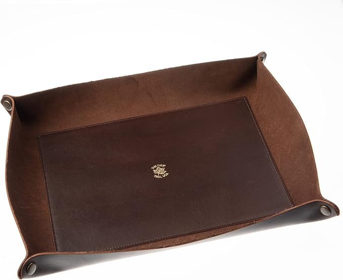 USA Handmade Premium Leather Valet Tray, Folds Flat! Dice Rolling Basket and Organizer With Brass Rivets (Dark Walnut Brown, XL)
