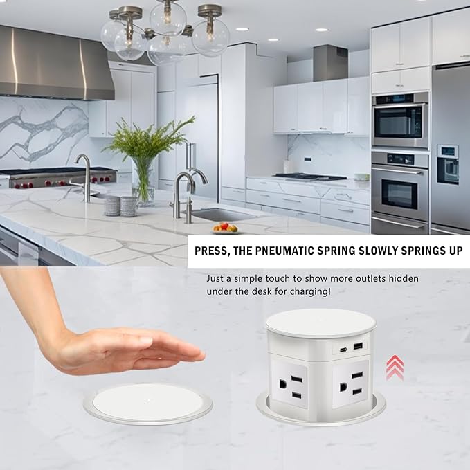 Pop Up Outlet 15W Wireless Charger,with 4 Outlets 1875W USB-C PD20W Super Charging 6.5FT 16AWG Cable 3.86 inch Desk Hole Pop Up Power Outlet for Kitchen Countertop,Office Conference Table (White)