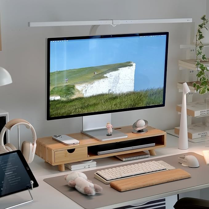 Bamboo Monitor Stand Riser with Drawer, Ergonomic Computer Riser for Desk with Cable Management & Storage Organizer, Wood Monitor Stand for Home Office