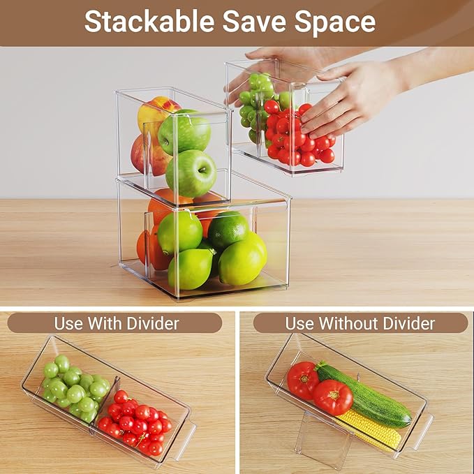 Clear Plastic Storage Bins 3 Pack, Stackable Storage Containers with Dividers, Tall 6" Thicken Storage Drawer Organizer Boxes for Pantry Kitchen Cabinets Fridge Vanity Makeup Craft C6-1