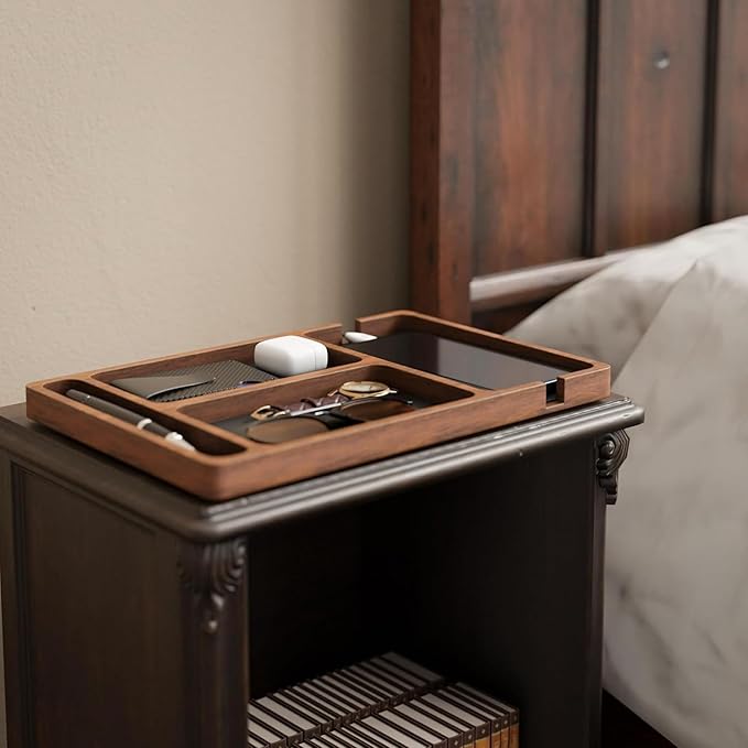 Wooden Valet Tray with Leather Inlay, Compartment Nightstand Catch All Organizer for Keys, Phone, Wallet, Watch, Earbuds, for Men Women, Catch All Tray