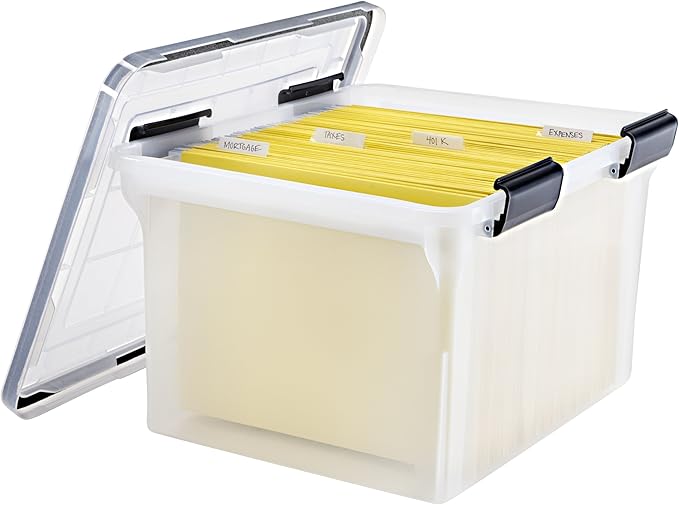 IRIS USA File Box WeatherPro File Organizer Plastic File Box for Letter/Legal File, Water Resistant Document Box, Durable Lid, Seal w/ Secure Latching Buckles, Stackable, Nestable, Clear 32 Qt. 1Pack