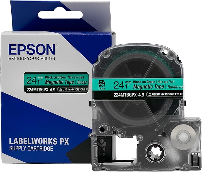 Epson LABELWORKS 224MTBGPX-4.9 Genuine Magnetic Tape Cartridge - Black on Green Magnet Label Maker Tape - 1" (24MM) Wide, 4.9 ft, Green