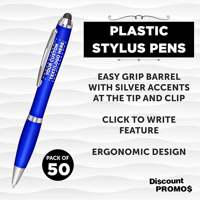 DISCOUNT PROMOS Custom Plastic Stylus Pens Set of 50, Personalized Bulk Pack - Black Ink, Great for Office, School, Business, Tradeshows, Events - Blue