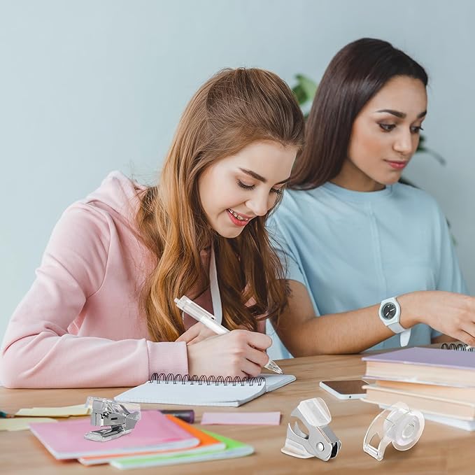 Colarr Mini Office Supply Kit Includes Stapler Tape Dispenser Staple Remover Paper Clips Scissor Staples Pen Sharpener Note Small Telescopic Knife for Office and School Clerk Student (Clear)