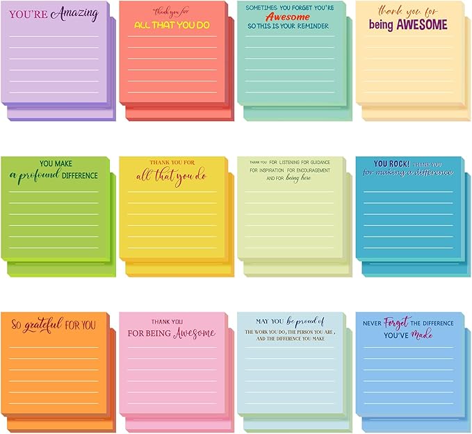 Yinder 24 Pcs Employee Appreciation Sticky Notes New Year Gift Bulk Motivation Sticky Note Pads Inspirational Gift for Teacher Nurse Staff Coworker Office Supply 3 x 3'' (Appreciation,Light Color)