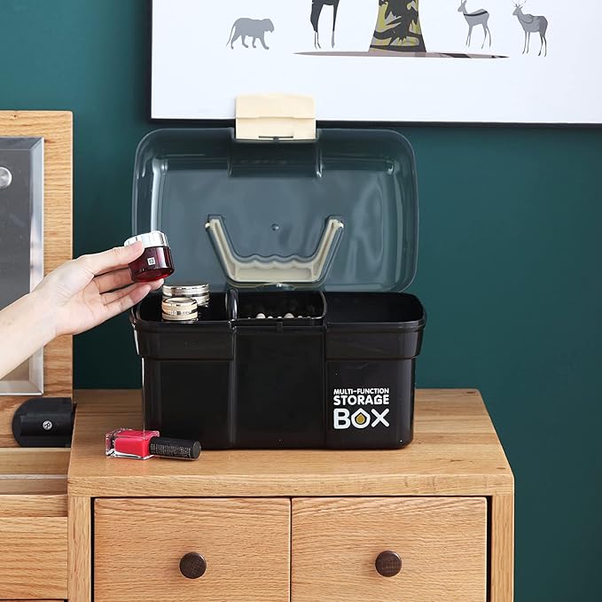 11'' Plastic Box Organizer with Removable Tray, Sewing Organizer, Craft & Art Supply Multipurpose Storage Box for Cosmetic (Black)