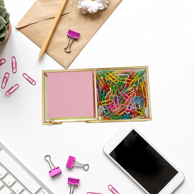 3 x 3 Inch Sticky Note Holder Gold Glass Post It Note Dispenser, 2 Slot Sticky Note Dispenser, Stylish Post It Holder for Home Office Desk Decor