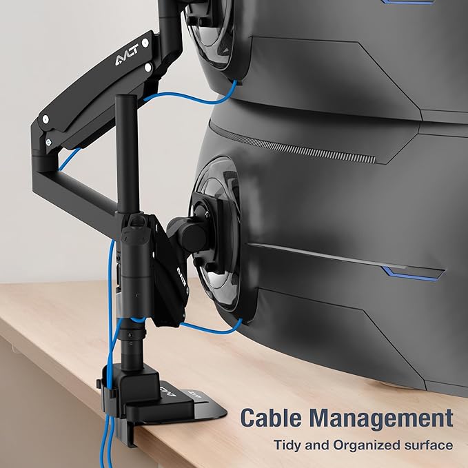 AVLT Dual 57 Inch Heavy Duty Stacking Monitor Arm Pole Top Mount With USB-C USB-A Ports-Black, Height Adjustable, Easy Install Top C-Clamp/Grommet With Reinforcement Plates, VESA Compatible 200/100/75