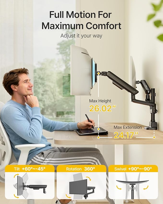 monTEK Dual Tall Monitor Arm with USB, Mechanical Spring Monitor Arm for 17-35" Screens, Adjustable Monitors Desk Mount Each Holds up to 24.2 lbs with C Clamp/Grommet, VESA 75/100mm, MA1011UCPBK-D