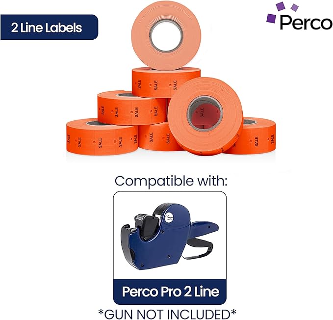 Perco 2 Line Fluorescent Red "SALE" Labels - 8 Rolls, 1 Sleeve, 6,000 Blank Price and Date Gun Labels for Perco 2 Line Price and Date Guns - Made in USA