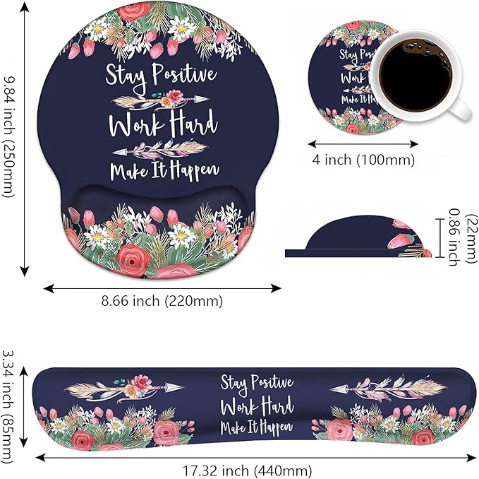 Keyboard Wrist Rest and Mouse Pad Wrist Support Set with Coasters, Inspirational Quote Stay Positive Work Hard and Make It Happen Wrist Mouse Pad with Non-Slip PU Base for Computer Laptop Home Office