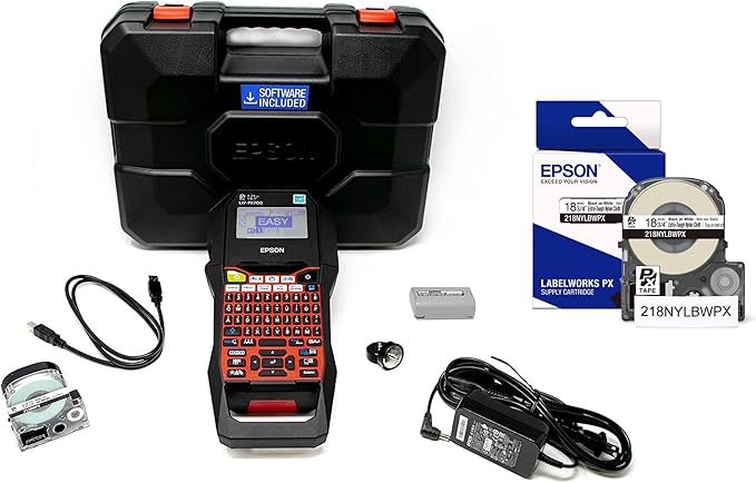 LABELWORKS Epson Sturdy Label Pro Bundle - LW-PX700PCD Industrial Label Maker Kit and 18MM Black on White Industrial Nylon Tape