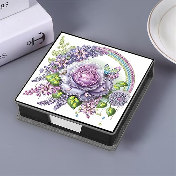 Flower Diamond Painting Note Box Memo Pad Holder, Rose Diamond Art Sticky Notes Organizer for Desk, Aesthetic Stationery Storage Case for Office,School Supplies (Rose)