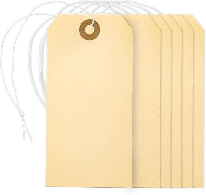 Perco Manila Shipping Tags with Elastic Strings — Large Durable Blank Paper Tags 4¾″ x 2⅜″ — Ideal for Labeling and Inventory Use — Box of 100