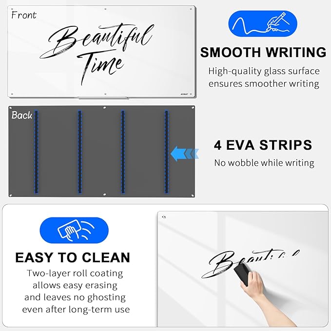 AFMAT Magnetic Glass Whiteboard 96" x 48", 4mm Tempered Glass Dry Erase Board, Large White Board for Wall, w/Magnetic Eraser & Magnets, Frameless Wall Mounted Glass White Board for Office Home School