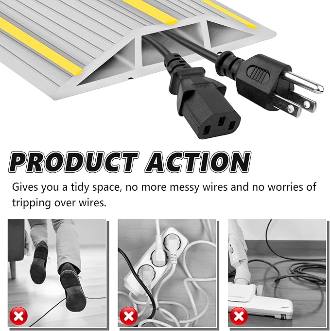 10Ft Cord Covers for Wires on Floor, 3-Channel Floor Cord Cover with Anti-Slip Base & Yellow Warning Strips, Extension Cord Covers for Floor, Ideal for Home, Office, Outdoor Use