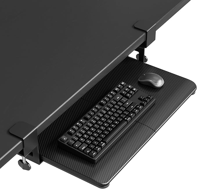 BONTEC KMT01-PJ Under Desk Keyboard Tray, Pull-Out Keyboard & Mouse Platform with C-Clamp, 20 x 11.8 in Space-Saving Ergonomic Slide-Out Drawer, Black Carbon Fiber