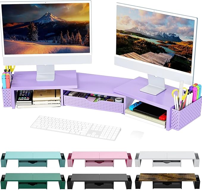 Spacrea Metal Desk Organizers and Accessories, Dual Monitor Stand Riser with Drawer and 2 Pen Holders, Desk Accessories & Workspace Desktop Organizers for Office Supplies (Purple)