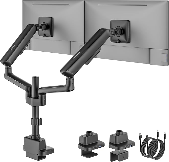 monTEK Dual Tall Monitor Arm with USB, Mechanical Spring Monitor Arm for 17-35" Screens, Adjustable Monitors Desk Mount Each Holds up to 24.2 lbs with C Clamp/Grommet, VESA 75/100mm, MA1011UCPBK-D