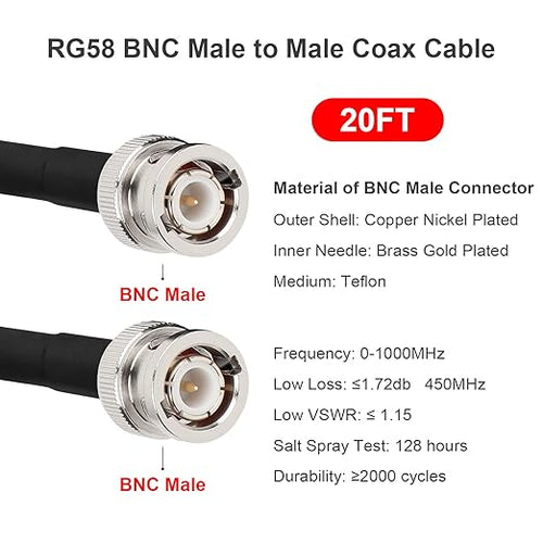 20ft 50 Ohm RG58 Coaxial Cable with BNC Connectors