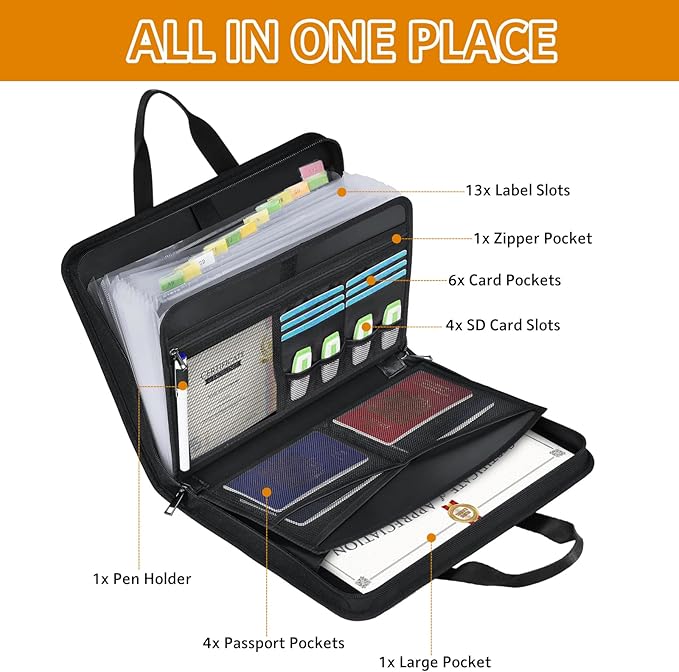 File Organizer Fireproof Expanding Accordion File Folder with Lock Zipper Labels13 Pockets Document Organizer Holder Storage Box Bag for Business Office Receipt Home Travel