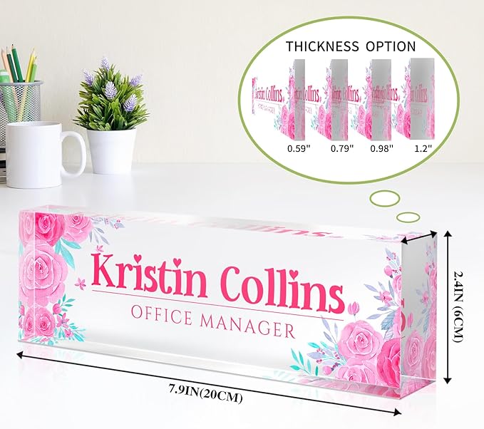 Custom Name Plate for Desk, Personalized Desk Name Plate on Clear Acrylic Glass, Appreciation Gifts for Teacher Employee Boss Coworkers Nurse, Office Desk Accessories for Women Men (Rose)