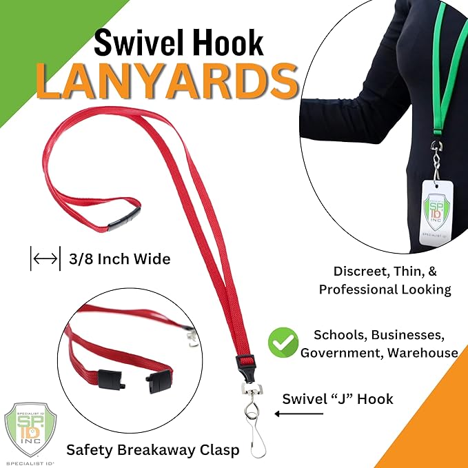 Specialist ID Bulk 25 Pack - Premium Flat Breakaway Lanyards for ID Badges & Badge Holders - 3/8" Wide Woven Safety Lanyard with Metal Swivel Hook for Teachers, Students, Cruise, Office (Red)