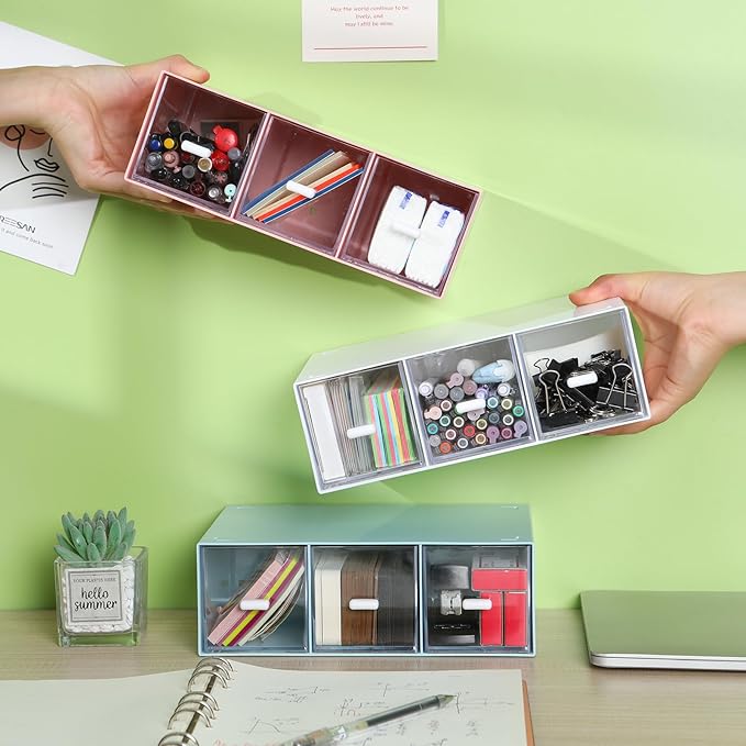 Desktop Drawers, Desk Organizer with 9 Drawers, Stackable Plastic Storage Box for Home Collection, Cosmetics, Office Supplies (3 Tall Layers, Pink)