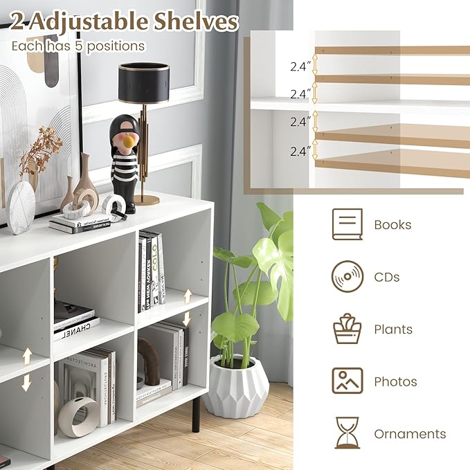 Giantex 6 Cube Bookcase, 3-Tier 47" Long Wood Bookshelf w/ 5 Metal Legs, Adjustable Shelf, Anti-toppling Device, 31.5" Tall Floor Open Shelf Bookcase, Freestanding Wooden Cube Storage Shelves