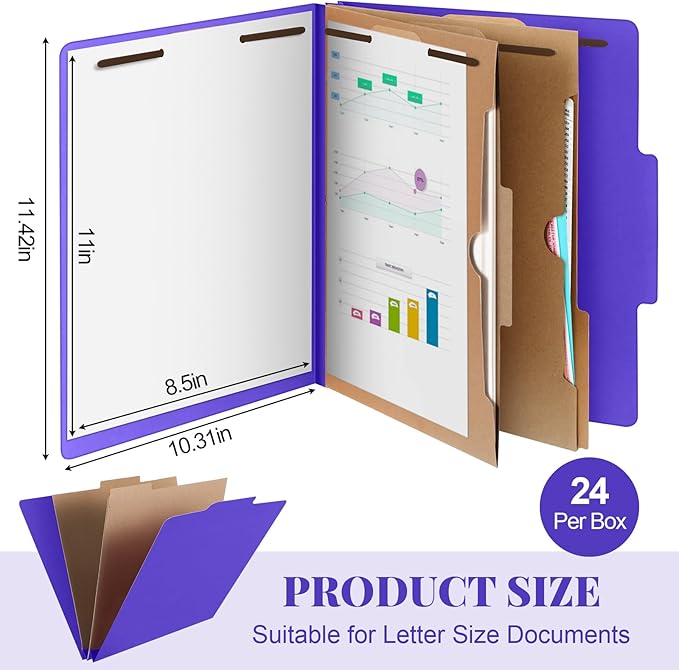 Skyygemm 24 Pcs Classification Folders Letter Size, 2 Pocket Dividers Pressboard File Folder with Fasteners, Expanding File Organizer Bulk for Teachers, Clergy, Office, Church, Christmas (Purple)
