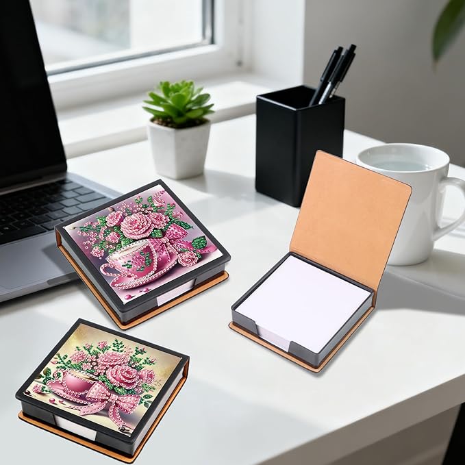 2 pcs Flower Diamond Painting Kit Note Box,Cup Memo Paper Storage Box Diamond Art,Sticky Note Holder Diamond Art,Diamond Painting Memo Pad For Office Desk. (Cup and Flower)