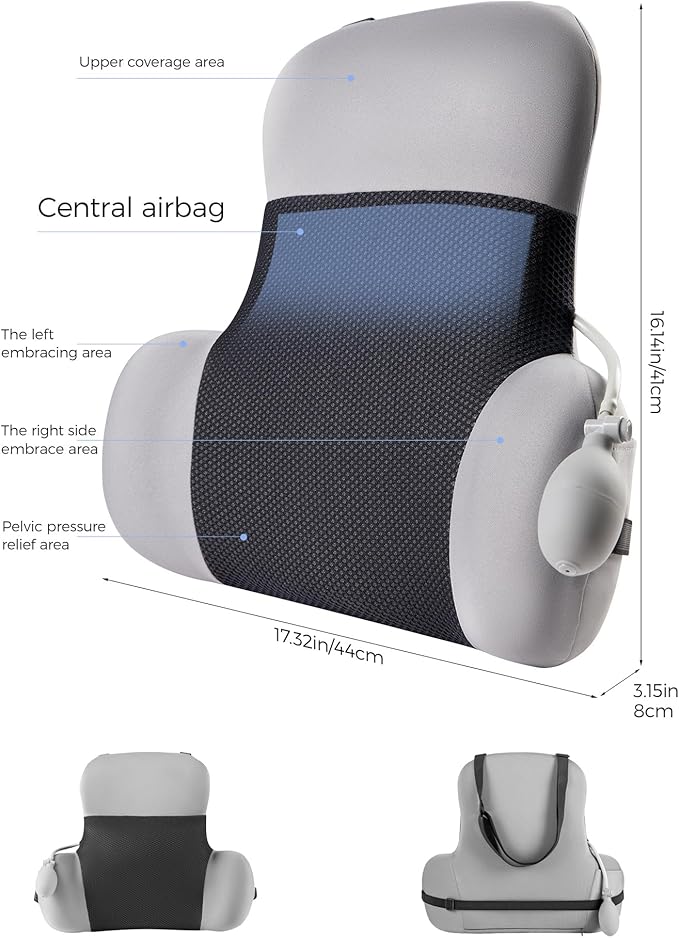 BEBAS Adjustable Air Lumbar Support Pillow for Office Chair, Car & Gaming Chair - Memory Foam Lower Back Cushion - Customizable Air Support for Back Pain Relief & Posture Correction