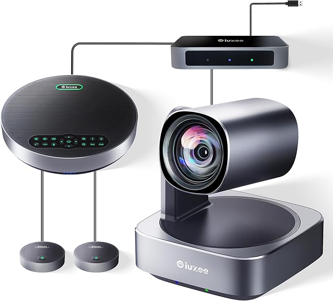 iuZee All-in-One PTZ 4K 12X Optical Zoom Video Conference Room Camera System with Bluetooth Speakerphone 2 Expansion Mics HDMI 78° Wide View Angle Lens Works with Zoom Webex for Large Meeting Room